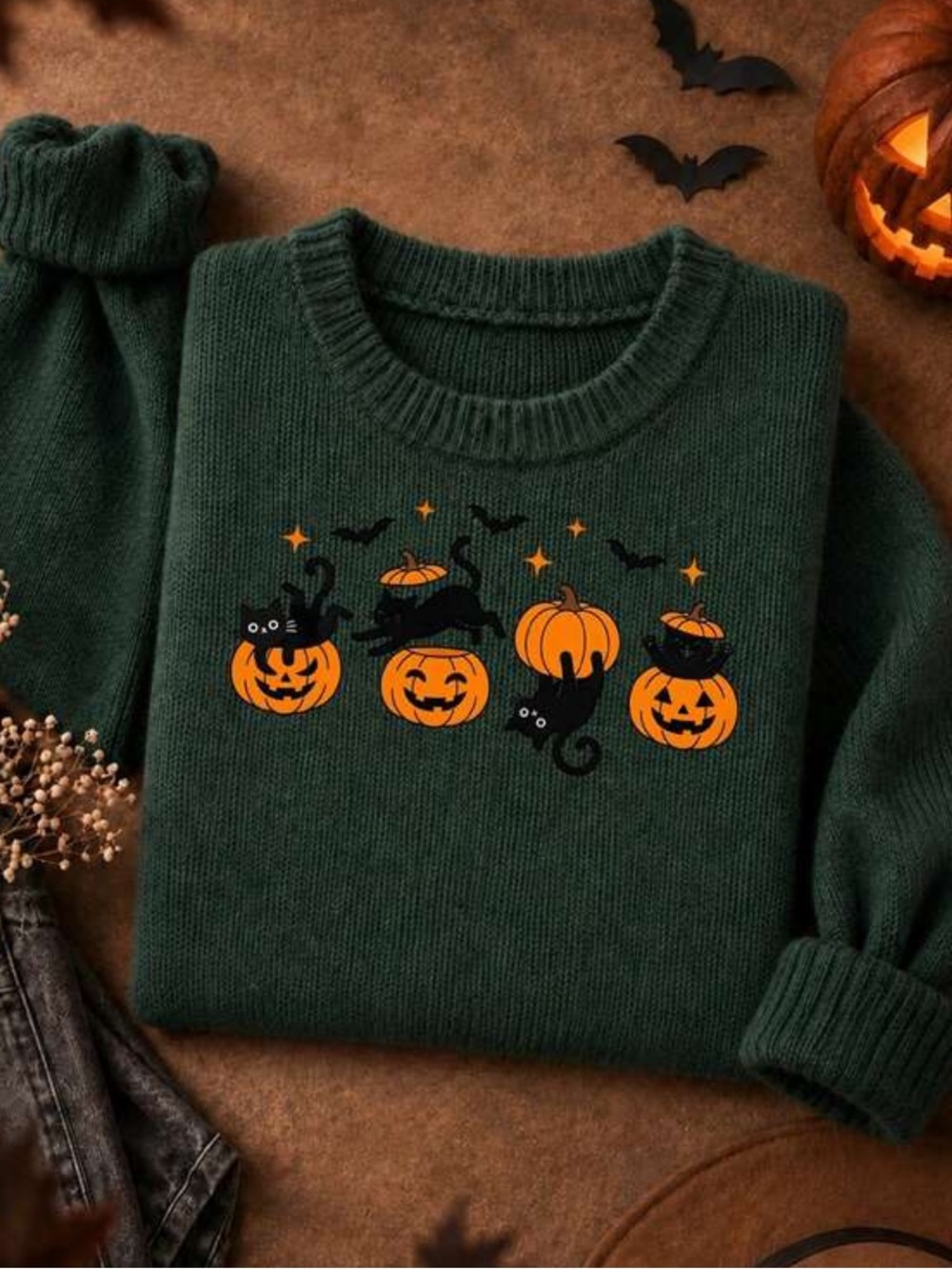 Dark Green Halloween Cat Pumpkin Halloween Sweater